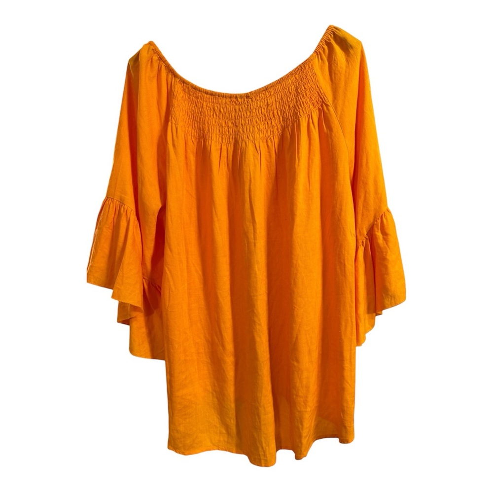 Orange Linen Rayon Smocked Peasant Blouse - XL - Bell Ruffle Sleeves Boho - Picture 6 of 8